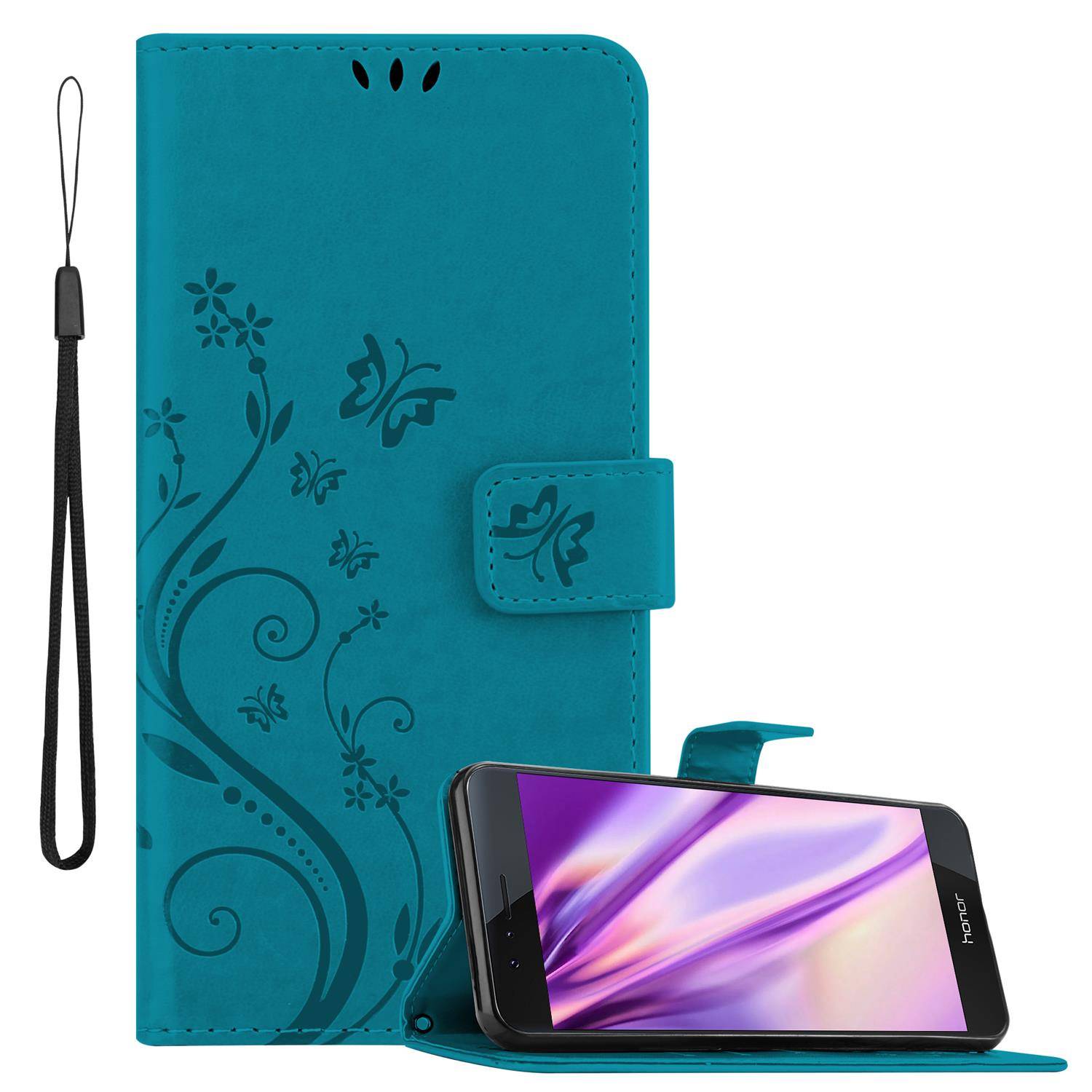 Cadorabo Hülle für Honor 8 / 8 PREMIUM Schutz Hülle in Blau Schutzhülle Handy Hülle Etui Case Blumen Flower