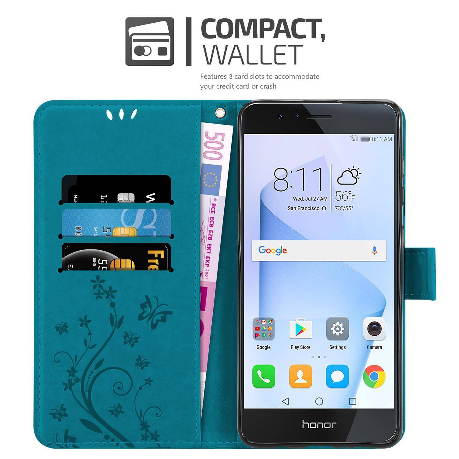 Cadorabo Hülle für Honor 8 / 8 PREMIUM Schutz Hülle in Blau Schutzhülle Handy Hülle Etui Case Blumen Flower