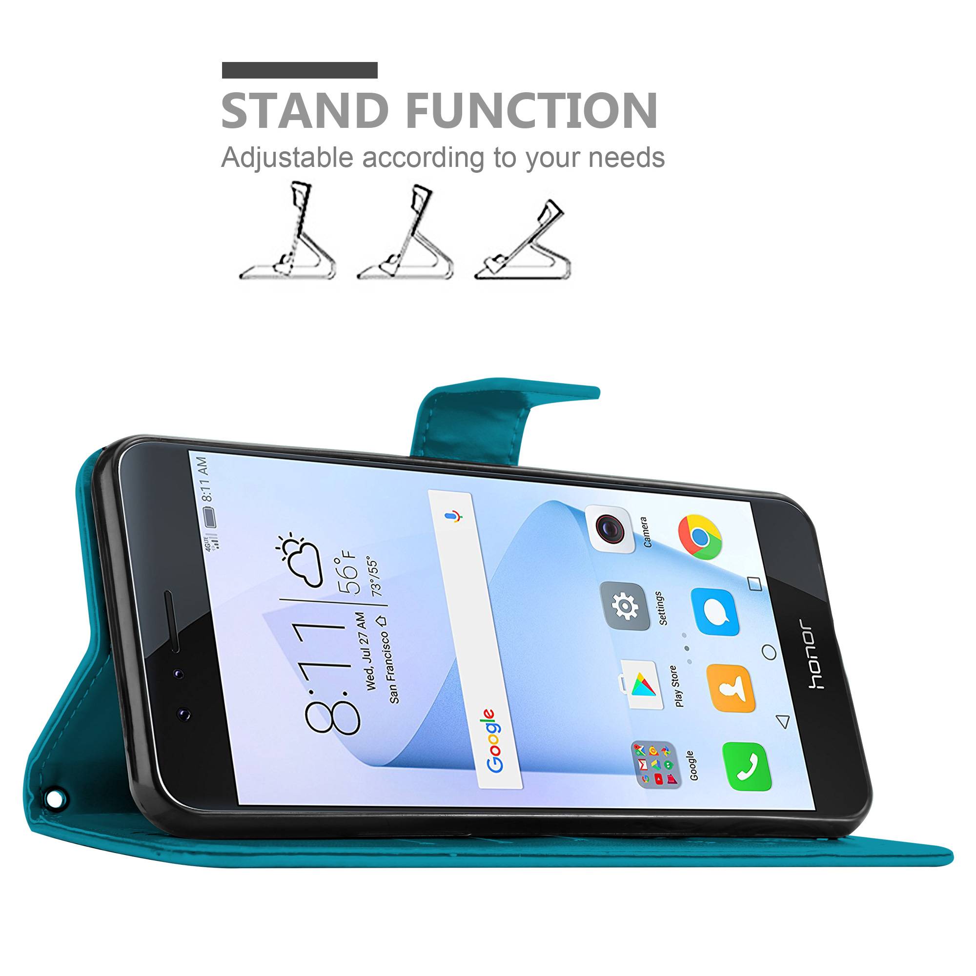 Cadorabo Hülle für Honor 8 / 8 PREMIUM Schutz Hülle in Blau Schutzhülle Handy Hülle Etui Case Blumen Flower
