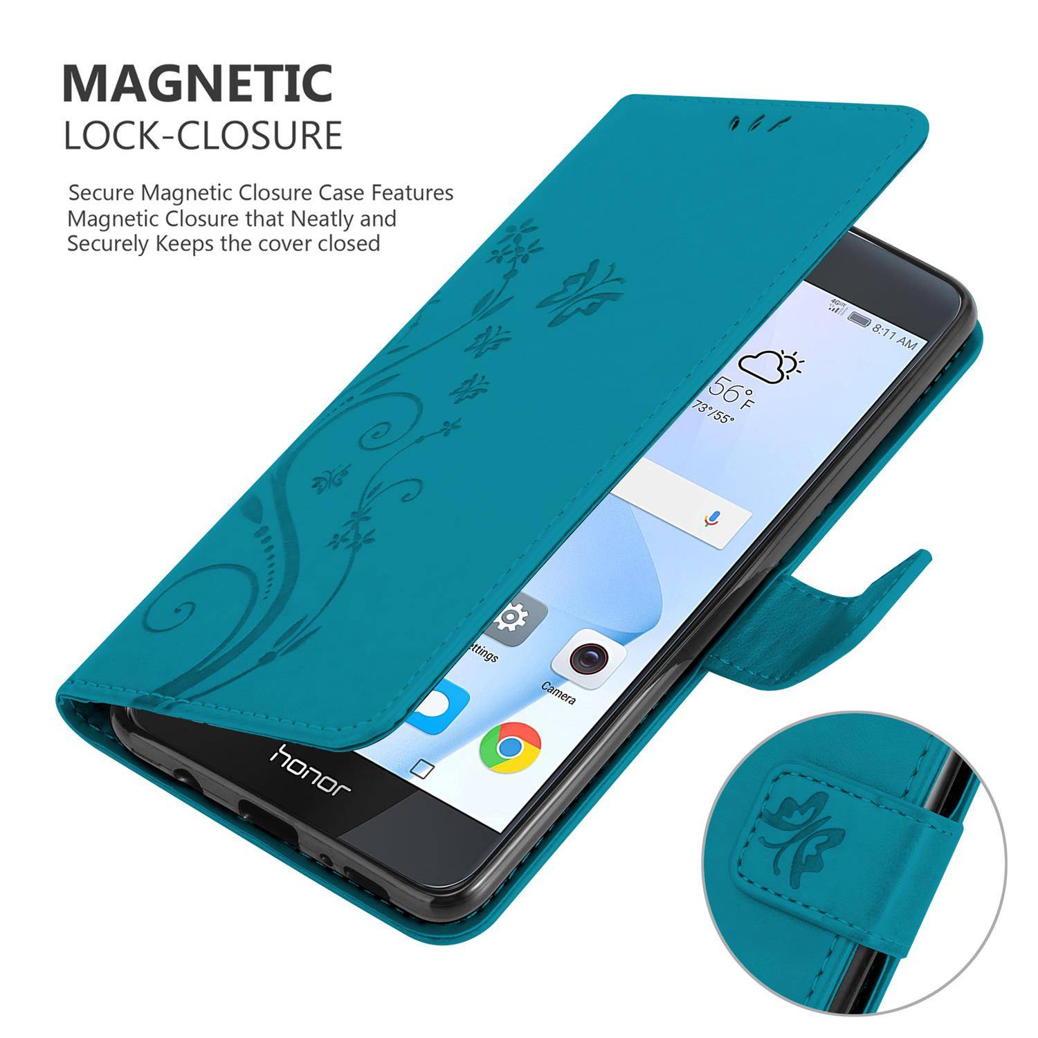 Cadorabo Hülle für Honor 8 / 8 PREMIUM Schutz Hülle in Blau Schutzhülle Handy Hülle Etui Case Blumen Flower