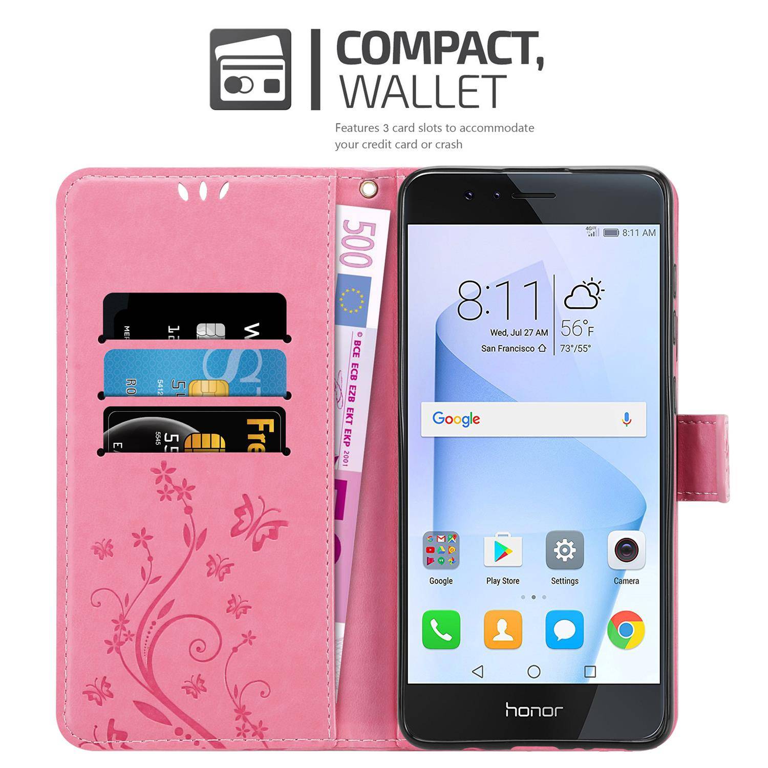 Cadorabo Hülle für Honor 8 / 8 PREMIUM Schutz Hülle in Rosa Schutzhülle Handy Hülle Etui Case Blumen Flower