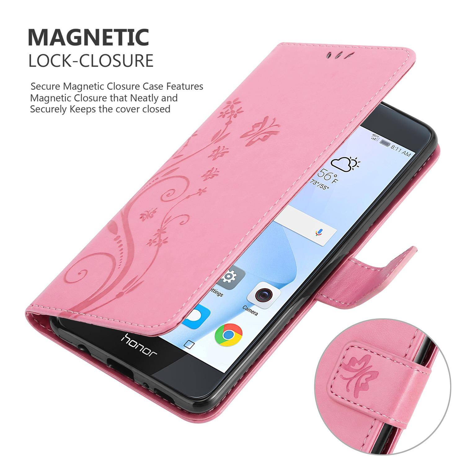 Cadorabo Hülle für Honor 8 / 8 PREMIUM Schutz Hülle in Rosa Schutzhülle Handy Hülle Etui Case Blumen Flower