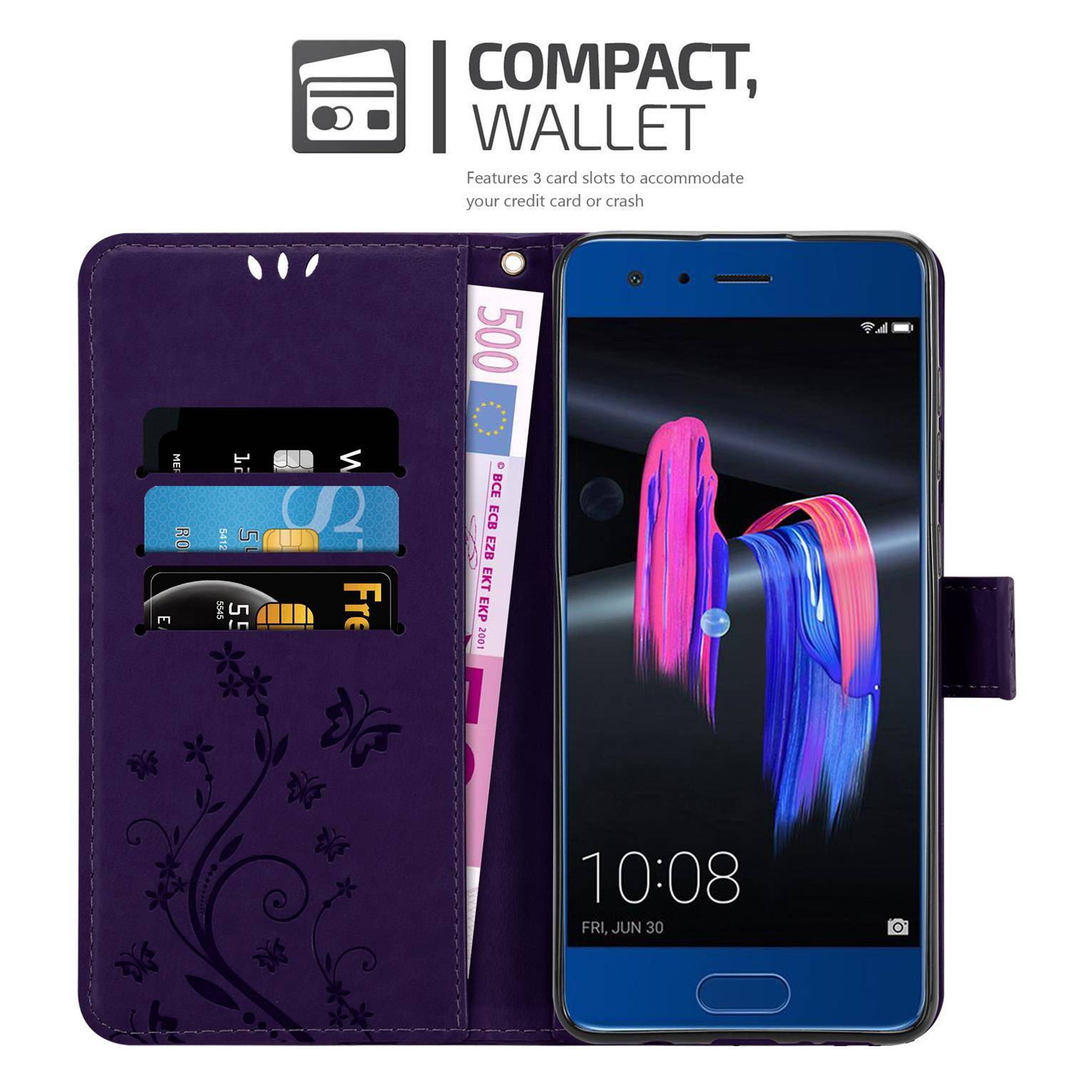 Cadorabo Hülle für Honor 9 Schutz Hülle in Lila Schutzhülle Handy Hülle Etui Case Blumen Flower