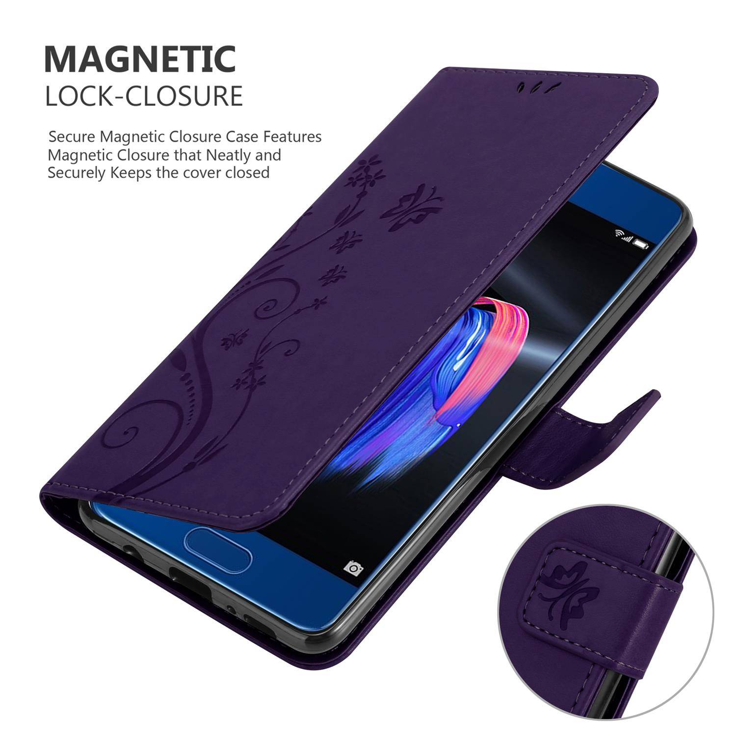 Cadorabo Hülle für Honor 9 Schutz Hülle in Lila Schutzhülle Handy Hülle Etui Case Blumen Flower