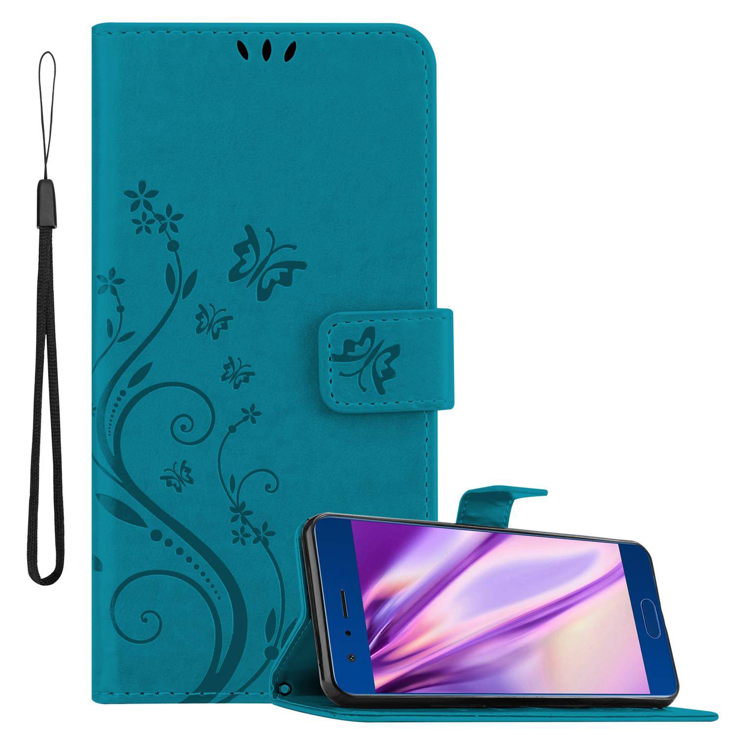Cadorabo Hülle für Honor 9 Schutz Hülle in Blau Schutzhülle Handy Hülle Etui Case Blumen Flower