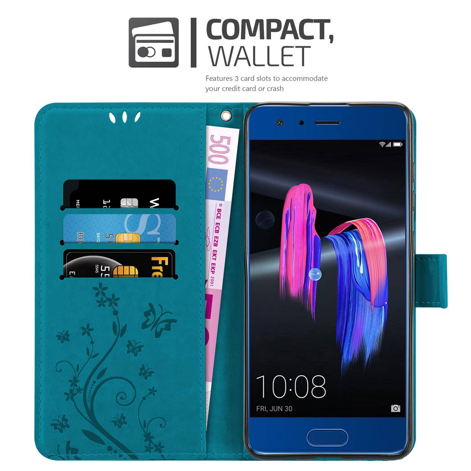 Cadorabo Hülle für Honor 9 Schutz Hülle in Blau Schutzhülle Handy Hülle Etui Case Blumen Flower