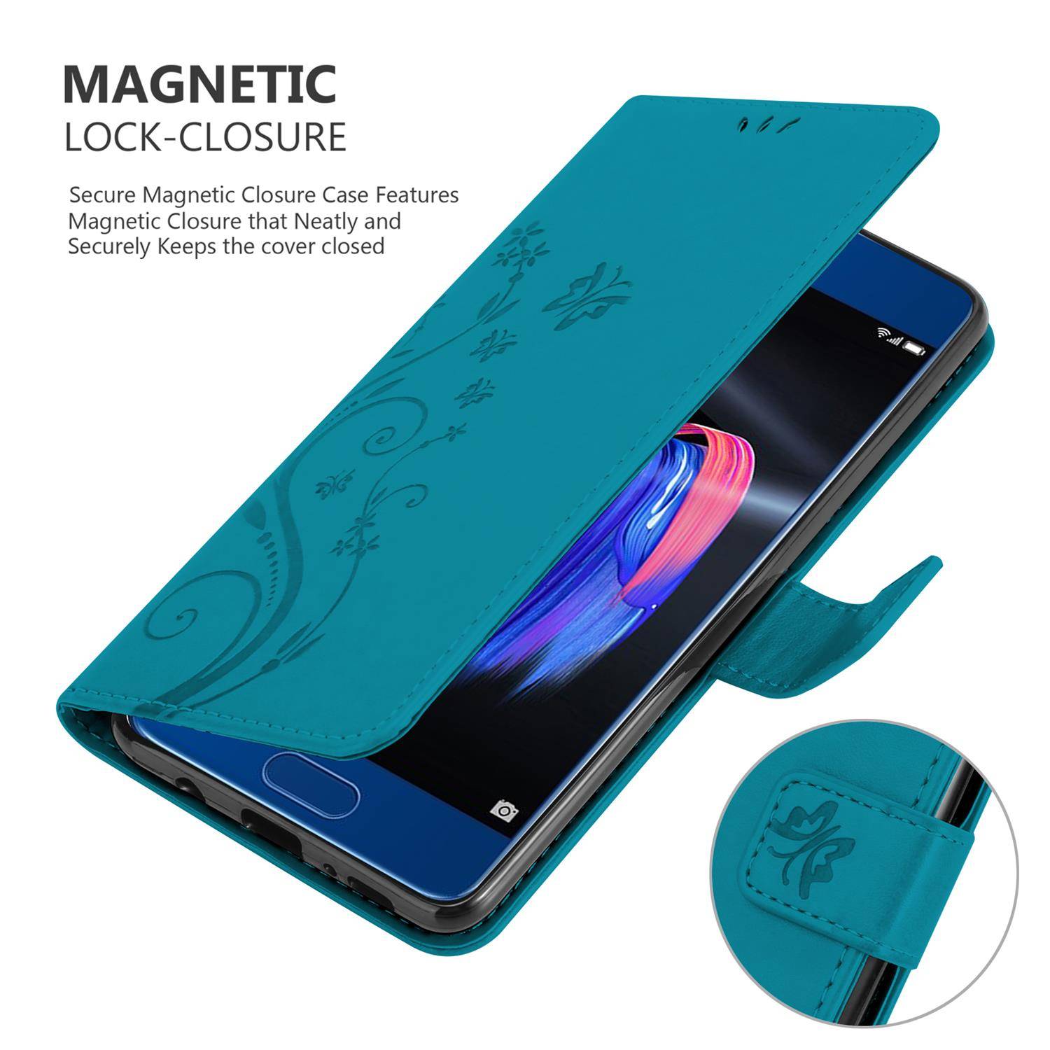 Cadorabo Hülle für Honor 9 Schutz Hülle in Blau Schutzhülle Handy Hülle Etui Case Blumen Flower