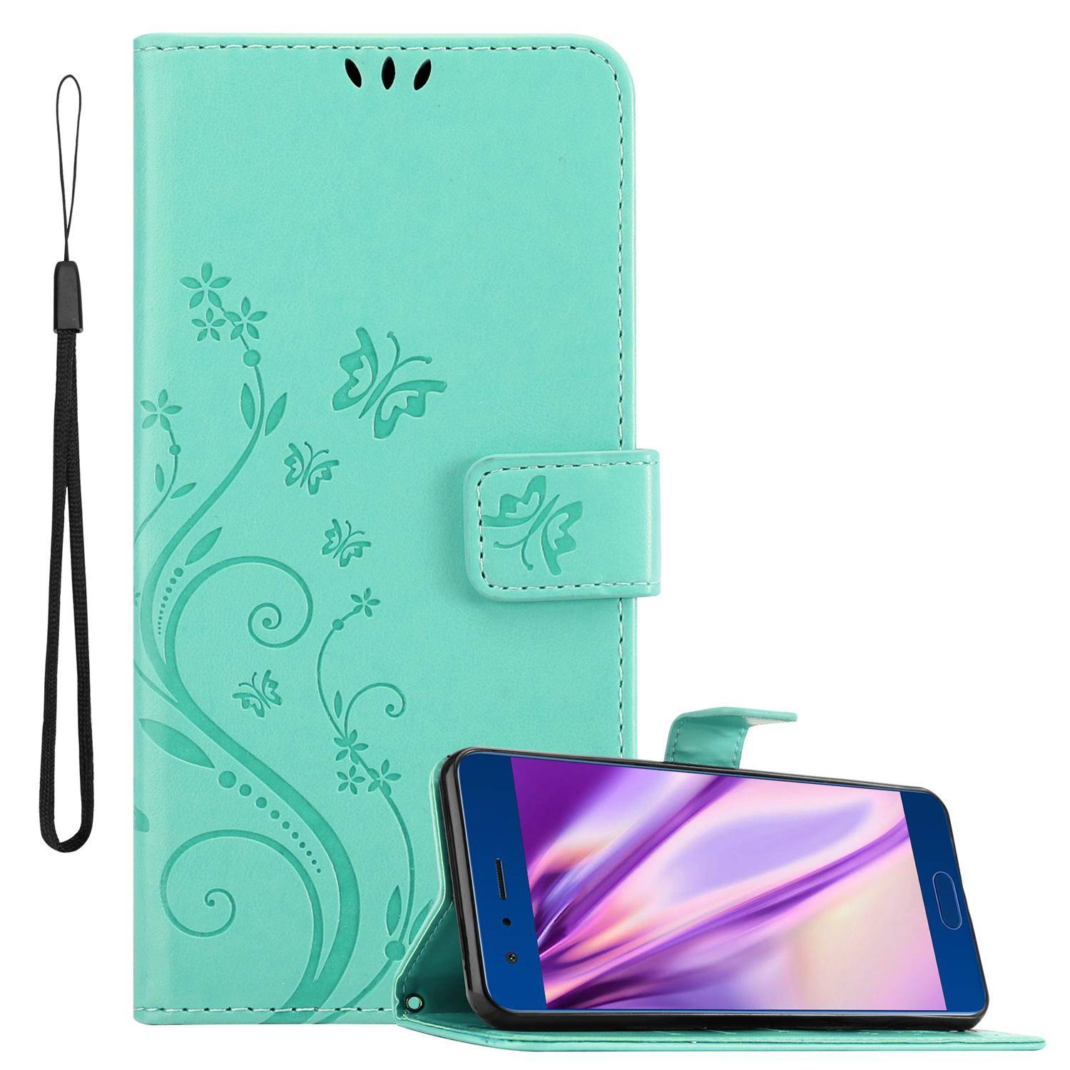 Cadorabo Hülle für Honor 9 Schutz Hülle in Türkis Schutzhülle Handy Hülle Etui Case Blumen Flower
