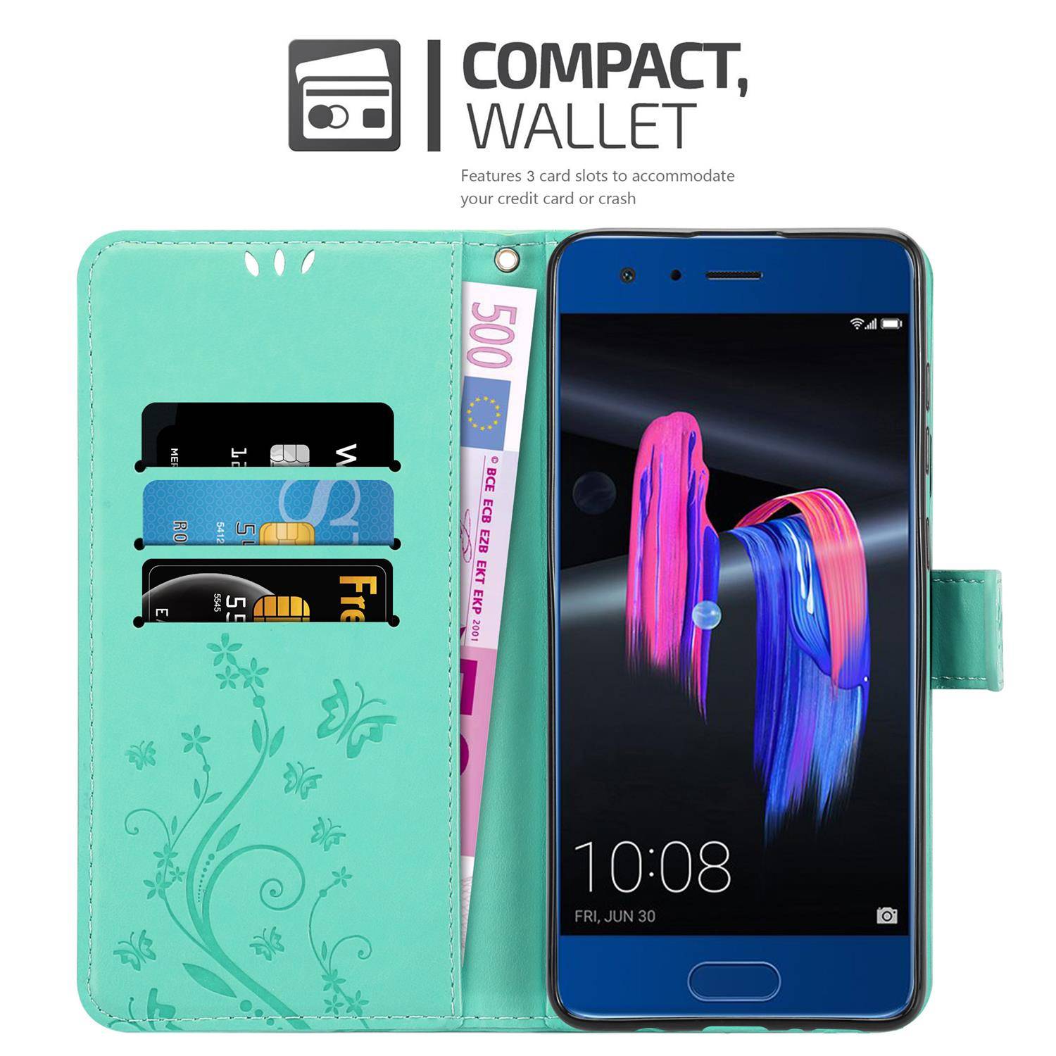 Cadorabo Hülle für Honor 9 Schutz Hülle in Türkis Schutzhülle Handy Hülle Etui Case Blumen Flower