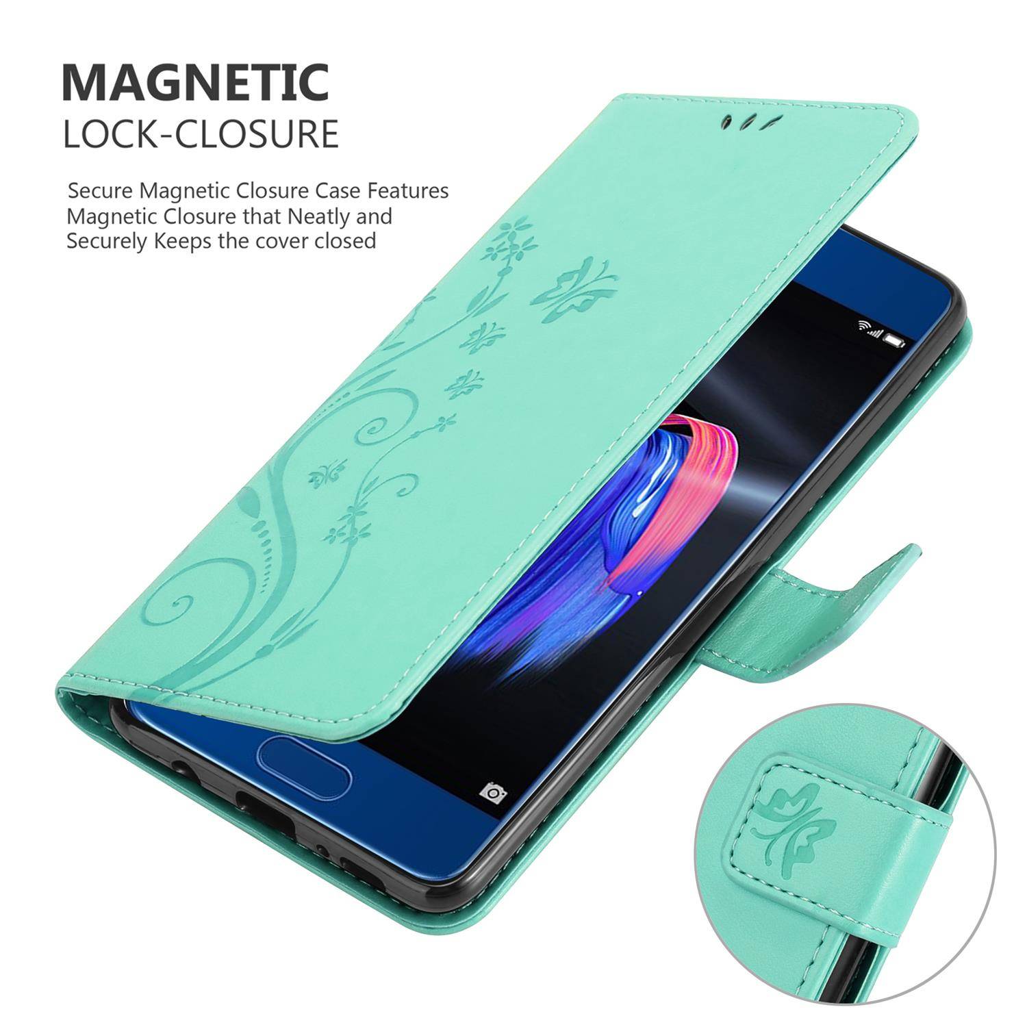 Cadorabo Hülle für Honor 9 Schutz Hülle in Türkis Schutzhülle Handy Hülle Etui Case Blumen Flower