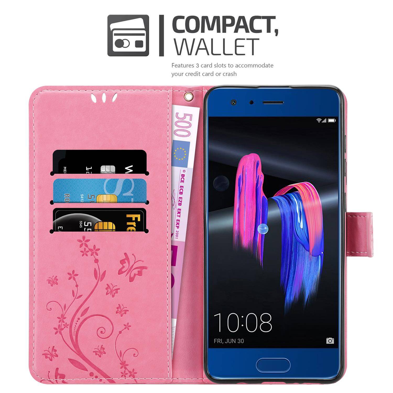 Cadorabo Hülle für Honor 9 Schutz Hülle in Rosa Schutzhülle Handy Hülle Etui Case Blumen Flower