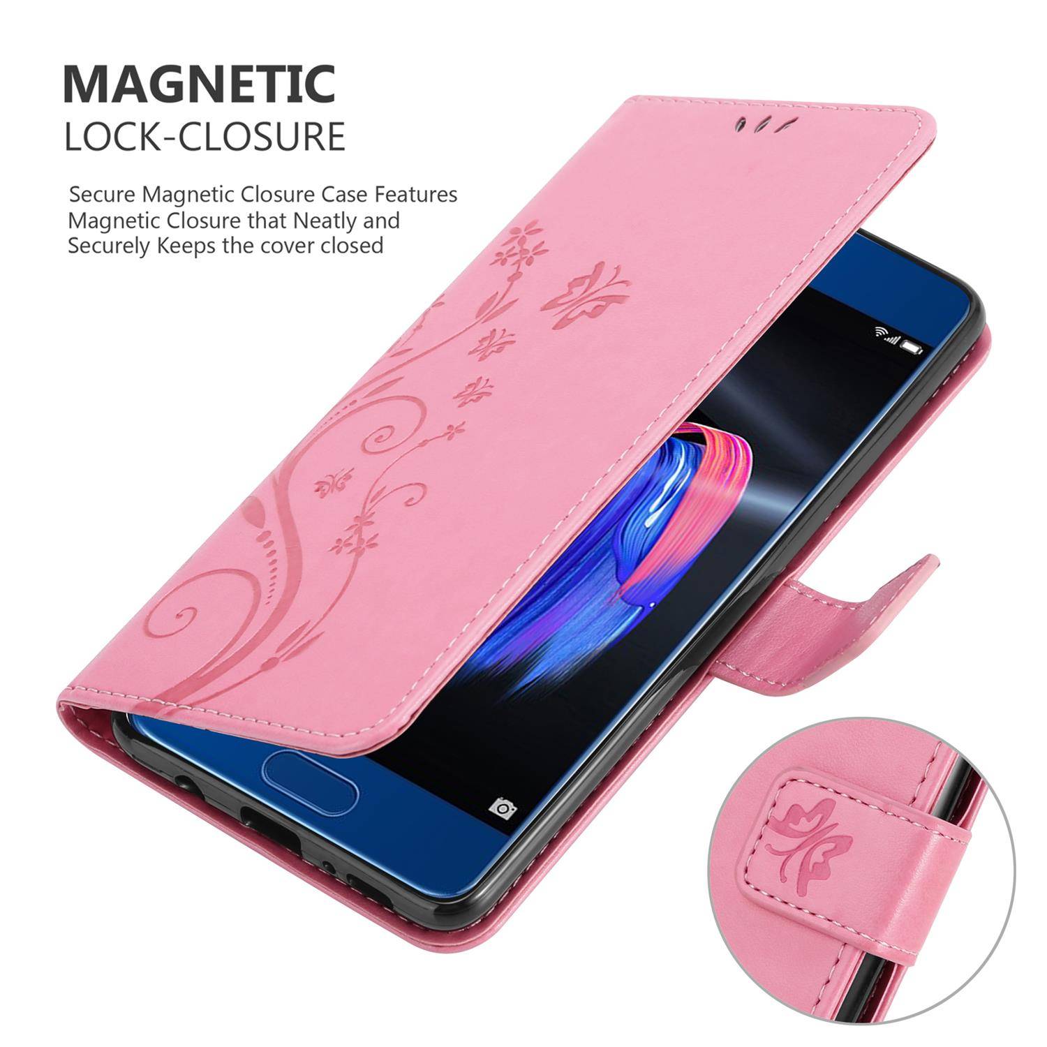Cadorabo Hülle für Honor 9 Schutz Hülle in Rosa Schutzhülle Handy Hülle Etui Case Blumen Flower