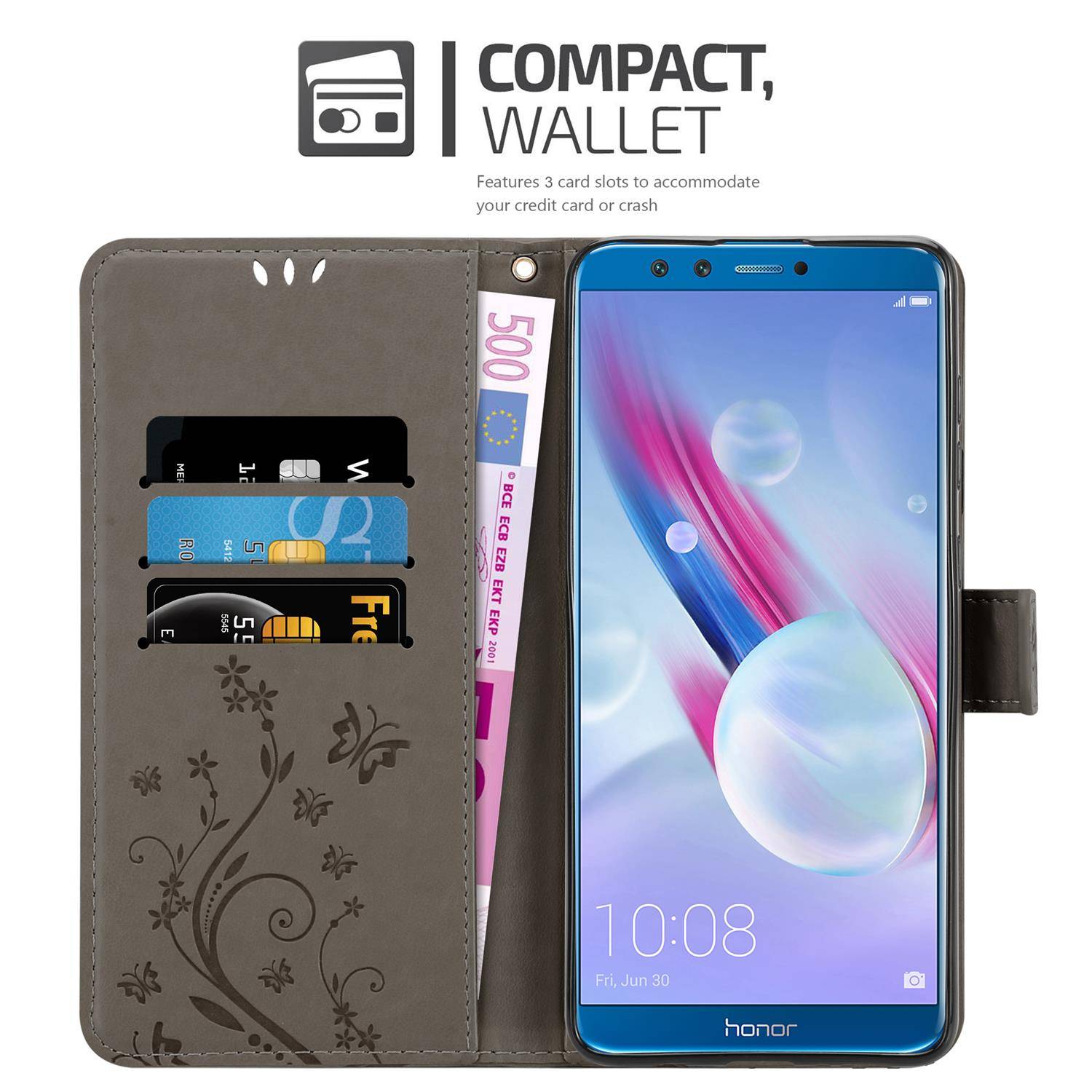 Cadorabo Hülle für Honor 9 LITE Schutz Hülle in Grau Schutzhülle Handy Hülle Etui Case Blumen Flower