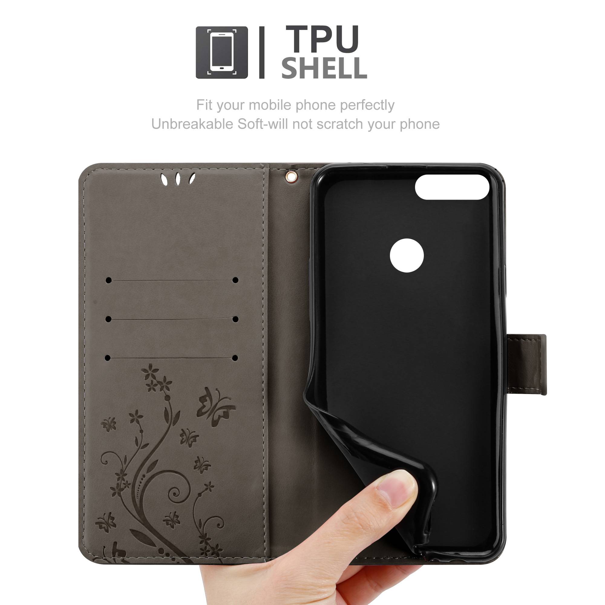 Cadorabo Hülle für Honor 9 LITE Schutz Hülle in Grau Schutzhülle Handy Hülle Etui Case Blumen Flower