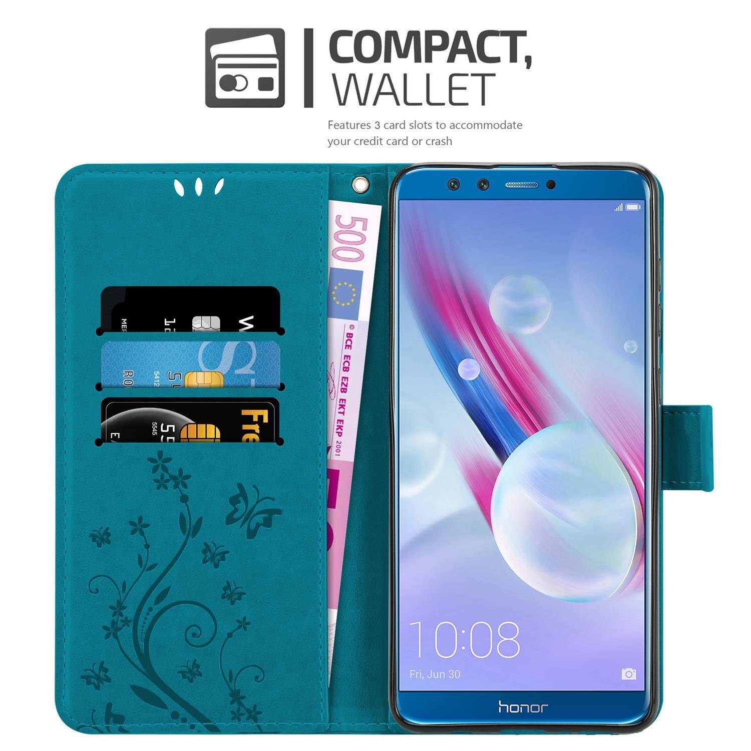 Cadorabo Hülle für Honor 9 LITE Schutz Hülle in Blau Schutzhülle Handy Hülle Etui Case Blumen Flower