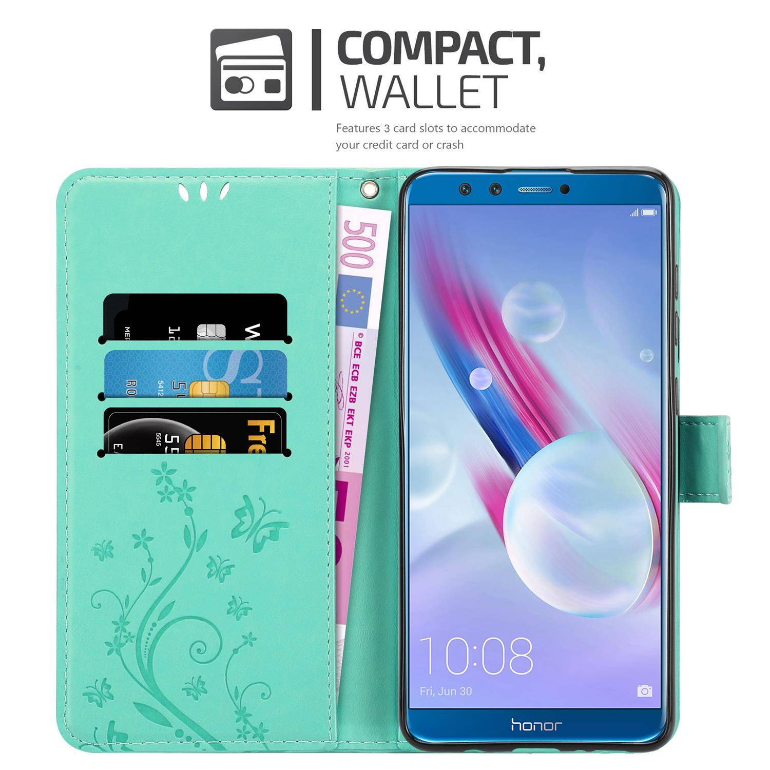 Cadorabo Hülle für Honor 9 LITE Schutz Hülle in Türkis Schutzhülle Handy Hülle Etui Case Blumen Flower