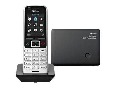 Schnurloses DECT-Telefon auf Ladegerät neben passendem schwarzem Basisgerät, mit Bildschirm, der das Bluetooth-Menü und Anrufschaltflächen anzeigt.