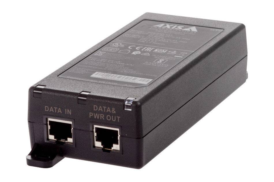 Schwarze Axis-Netzwerk-Stromeinspeisung mit zwei Ethernet-Anschlüssen mit den Bezeichnungen „DATA IN