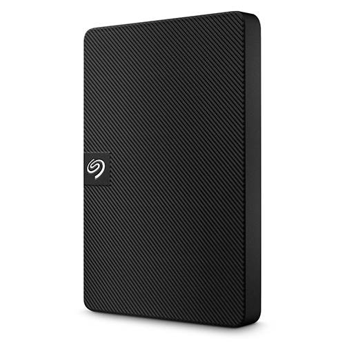 Tragbare externe Festplatte von Seagate in Schwarz mit strukturiertem diagonalem Streifenmuster und Seagate-Logo.