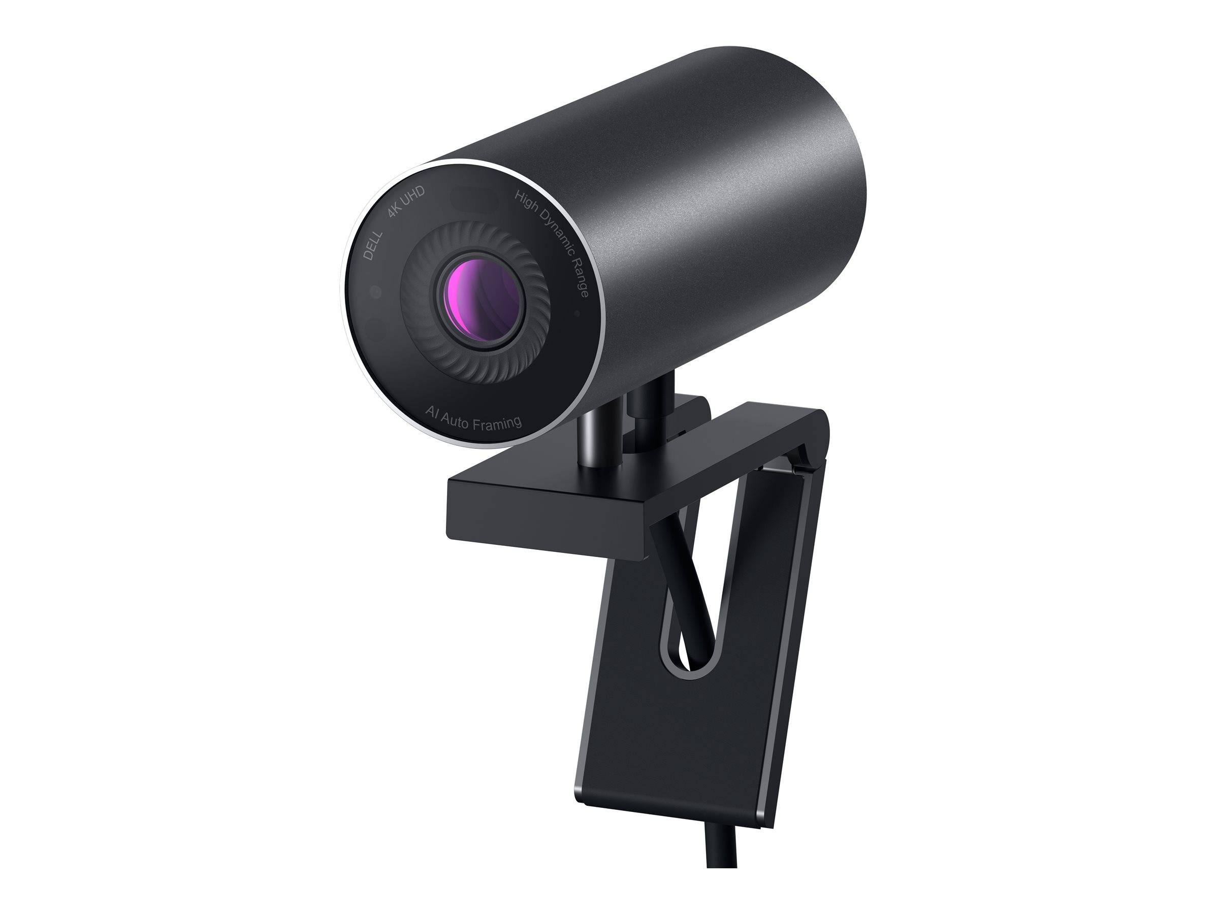 Eine zylindrische schwarze Webcam mit Klemmhalterung, mit einer Linse an der Vorderseite. Sie ist für die Verwendung an Computermonitoren konzipiert.
