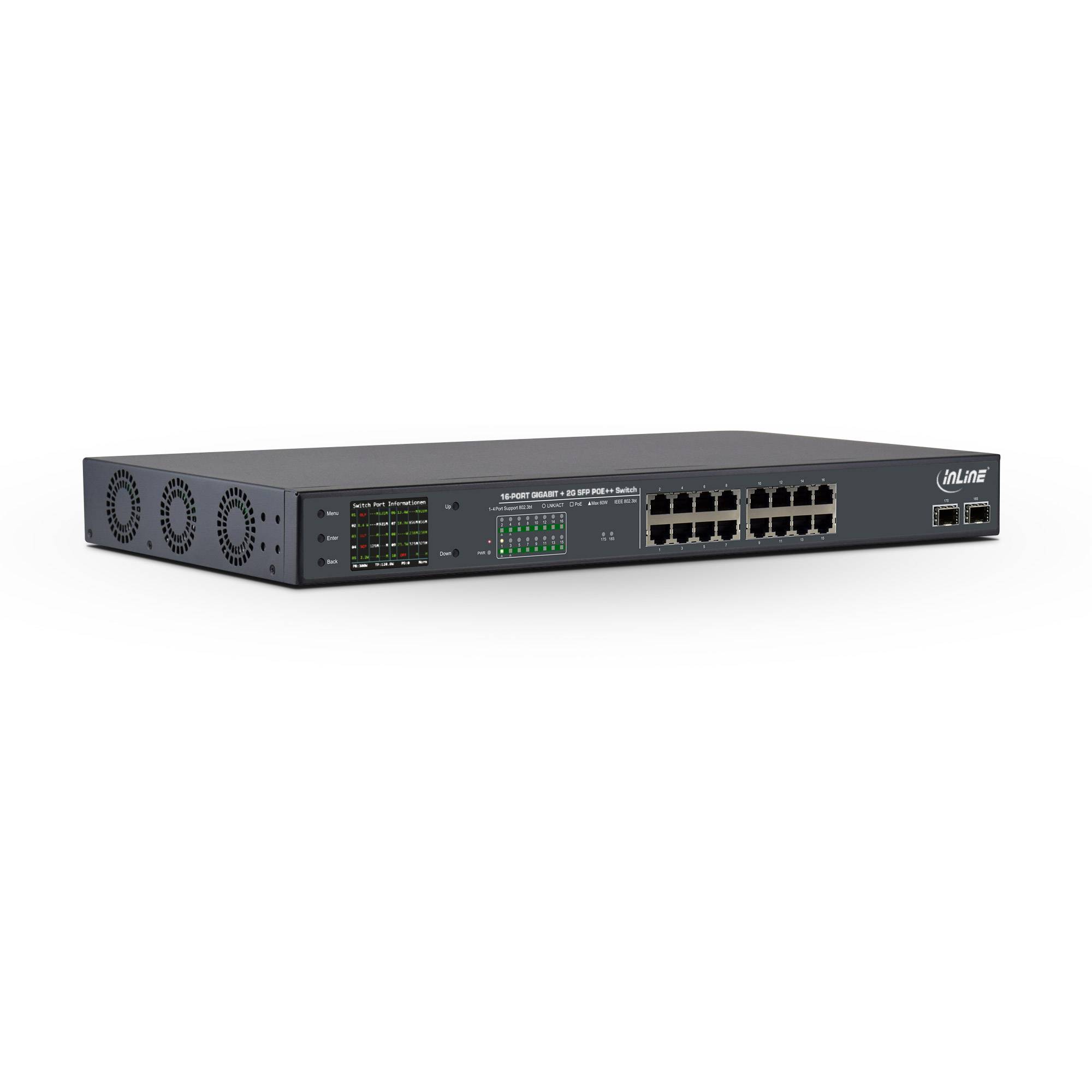 InLine PoE++ Gigabit Netzwerk Switch 16 Port - 1Gb/s - 2xSFP,19"1HE(inkl. Winkel