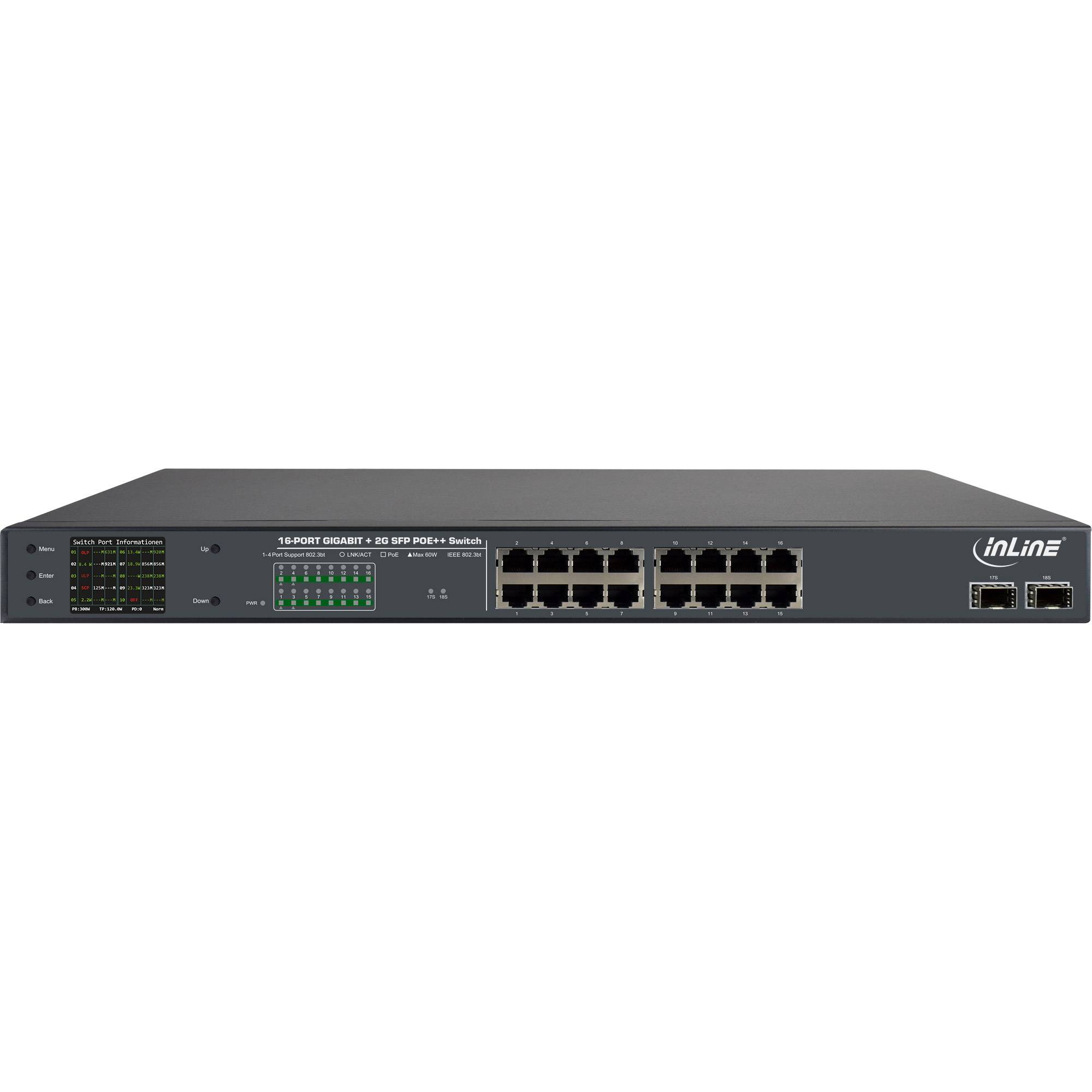 InLine PoE++ Gigabit Netzwerk Switch 16 Port - 1Gb/s - 2xSFP,19"1HE(inkl. Winkel