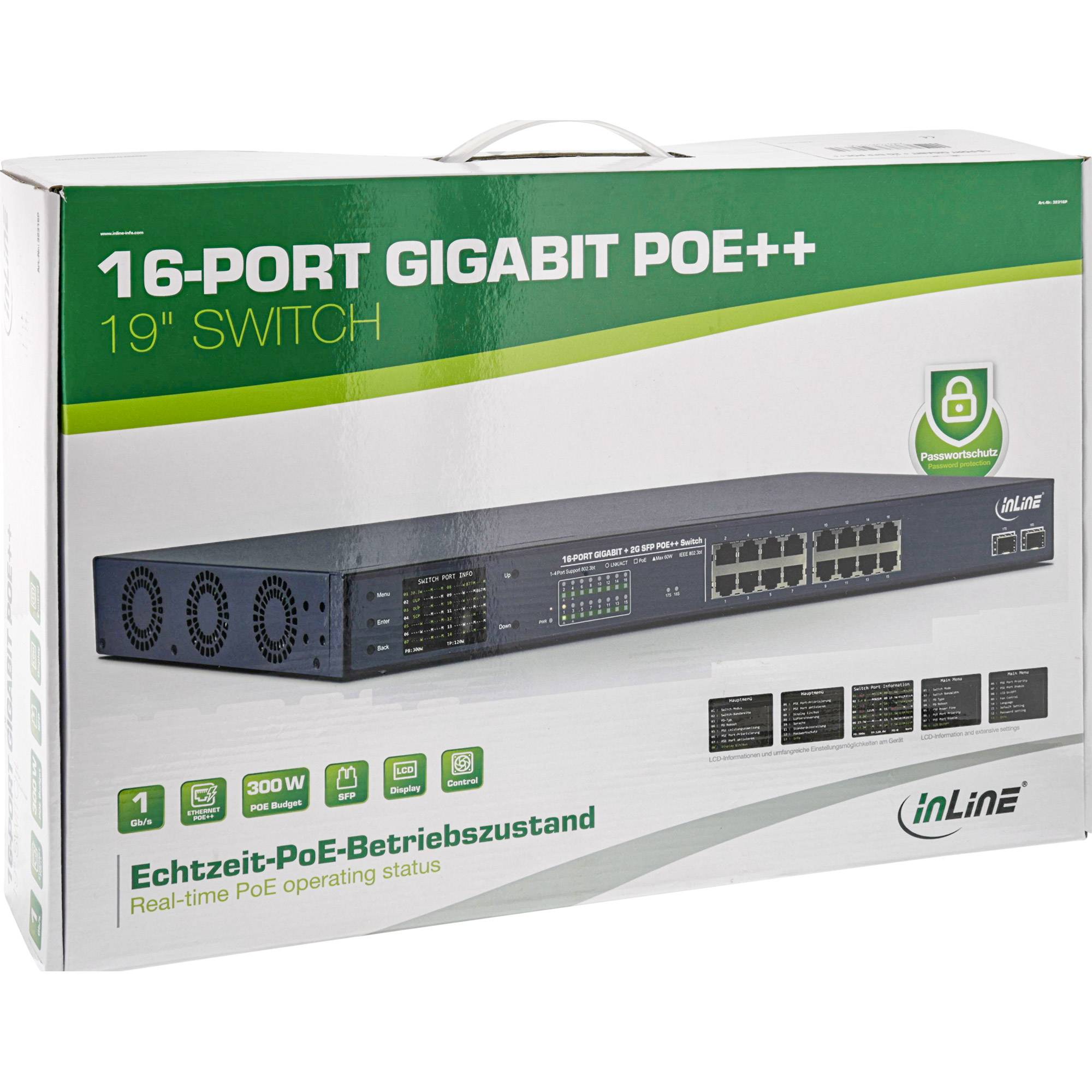 InLine PoE++ Gigabit Netzwerk Switch 16 Port - 1Gb/s - 2xSFP,19"1HE(inkl. Winkel