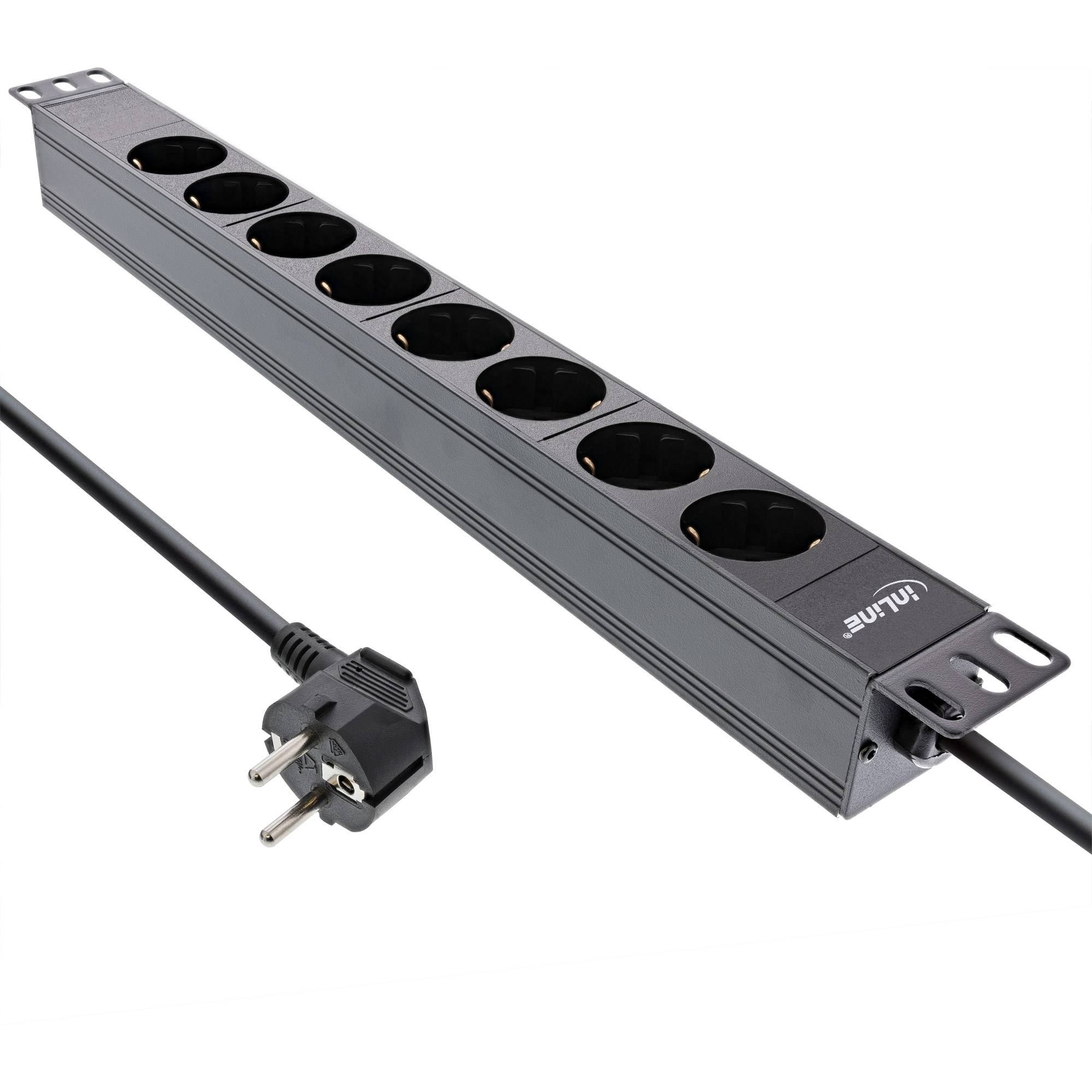 Schwarze Steckerleiste mit acht runden Steckdosen und angebrachtem europäischem Stecker und Kabel