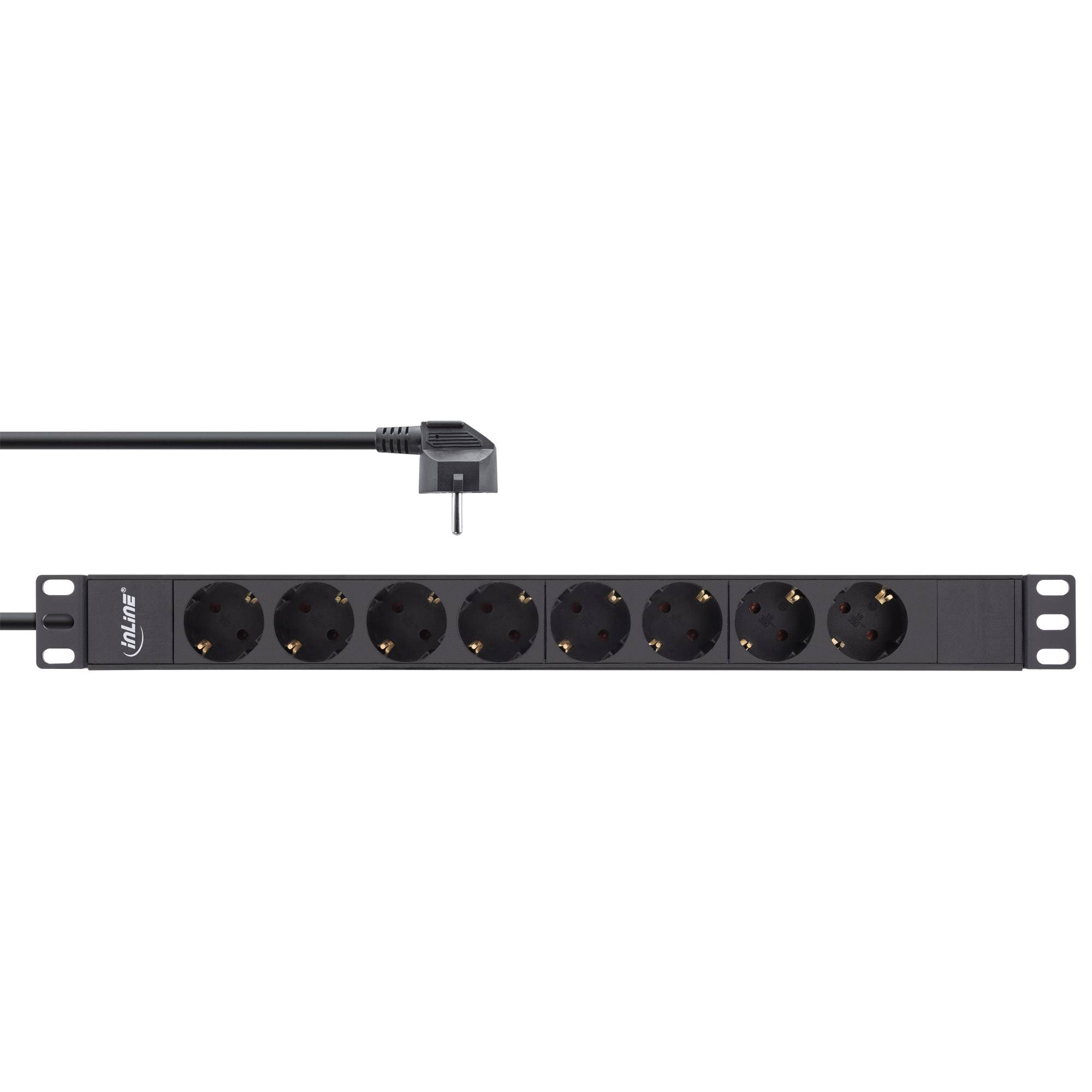Schwarze Steckdosenleiste für Schrankeinbau mit acht Schuko-Steckdosen und einem rechtwinkligen Stromkabelstecker, dargestellt auf weißem Hintergrund.