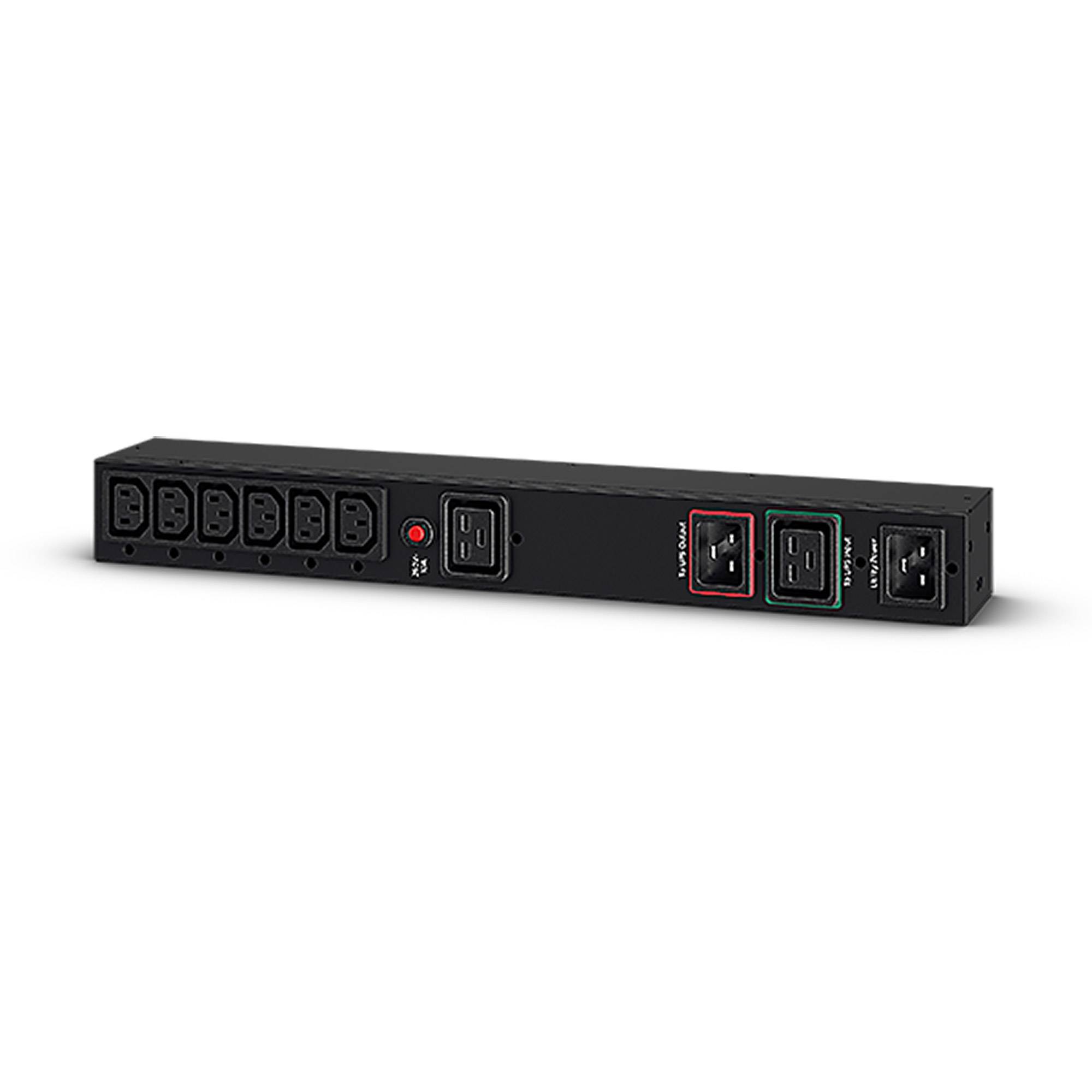Schwarze Stromverteilungseinheit mit sechs Steckdosen, einem roten Schalter und drei IEC-Stromein-/Ausgangsanschlüssen auf der Frontplatte.