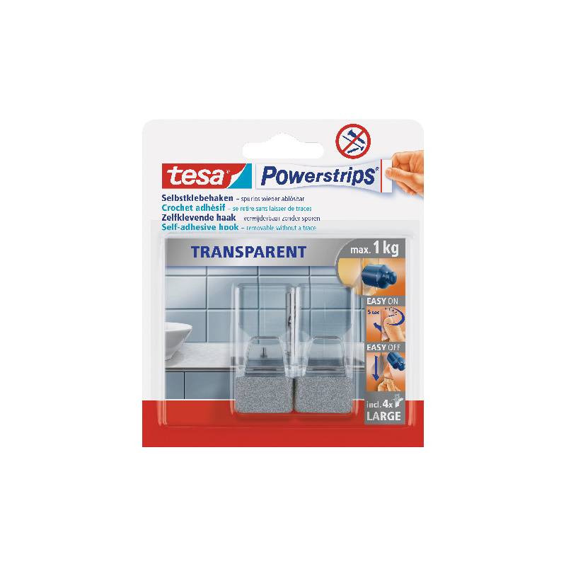 Tesa Powerstrips Transparent' selbstklebende Haken Verpackung mit Bildern eines Badezimmers, Fliesen und einfachen Montageanleitungen. Maximale Belastung 1 kg.
