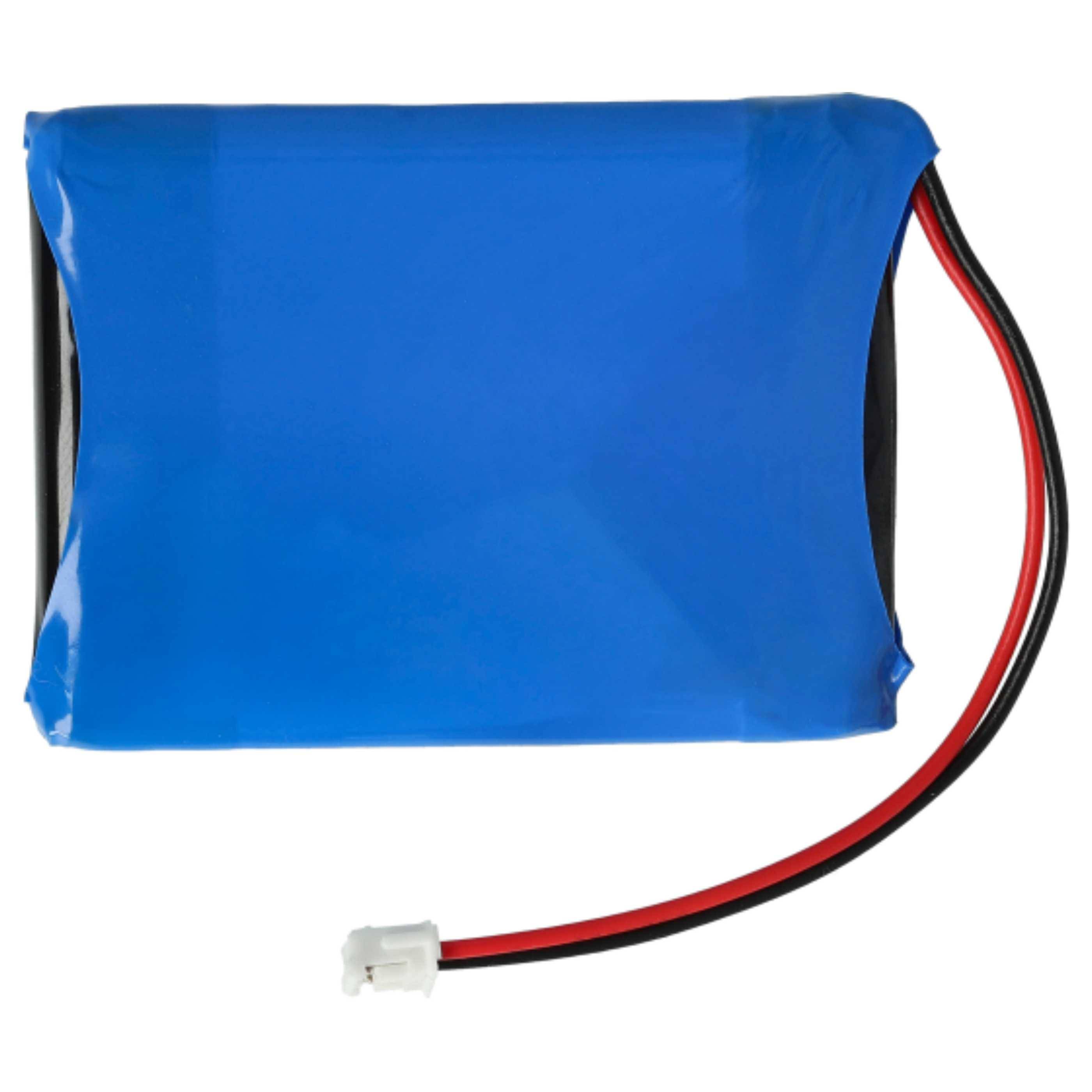 Eine blaue rechteckige Batterie mit roten und schwarzen Drähten, die von einer Seite ausgehen und in einem kleinen weißen Stecker enden.