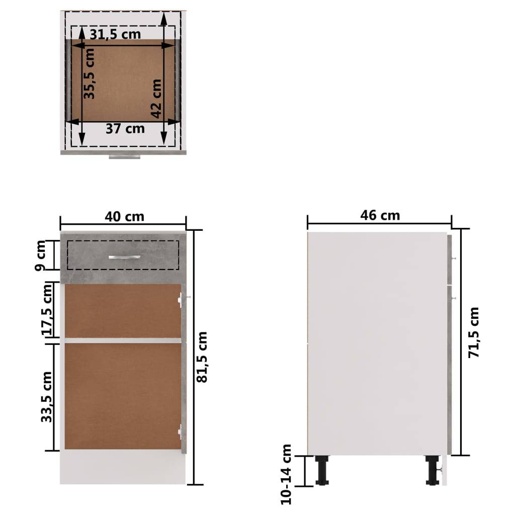vidaXL Schubunterschrank Betongrau 40x46x81,5 cm Holzwerkstoff