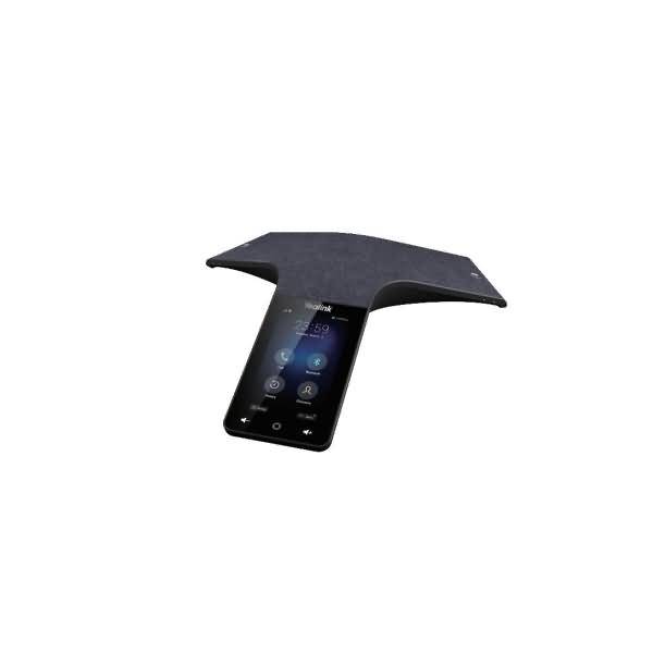 Schwarzes Konferenzfreisprech-Telefon mit Touchscreen-Display und breiter oberer Mikrofonabdeckung auf weißem Hintergrund.