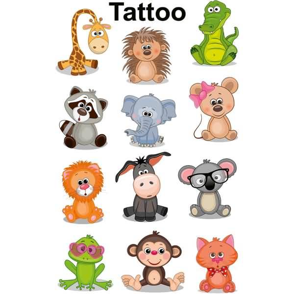 Kinder Tattoos Tattoofolie Koala Frosch Giraffe usw. bunt 12 Aufkleber