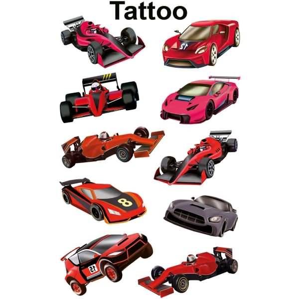 Kinder Tattoos Tattoofolie Rennautos rot schwarz 10 Aufkleber