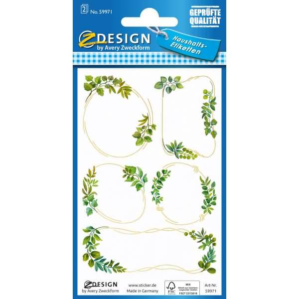 Haushalts-Etiketten Papier Blätterranken grün weiß gold 10 Aufkleber