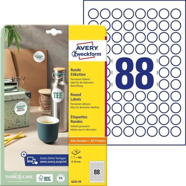 Etiketten rund A4 20mm 10 Bogen/880 Etiketten weiß