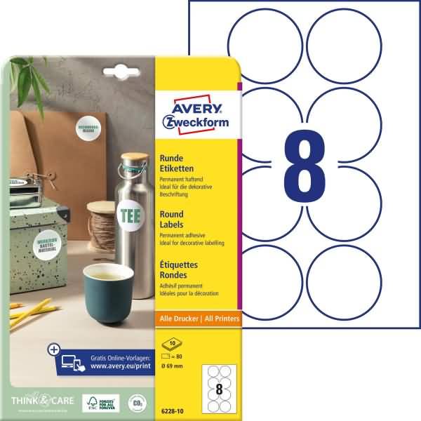 Etiketten rund A4 69mm 10 Bogen/80 Etiketten weiß