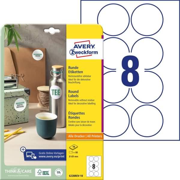 Etiketten rund ablösbar A4 69mm 10 Bogen/80 Etiketten weiß