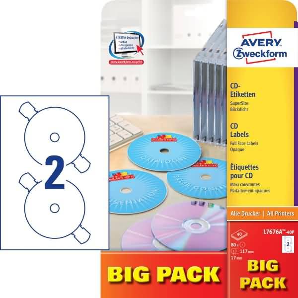 CD-Etiketten SuperSize A4 117mm 40 Bogen/80 Etiketten weiß