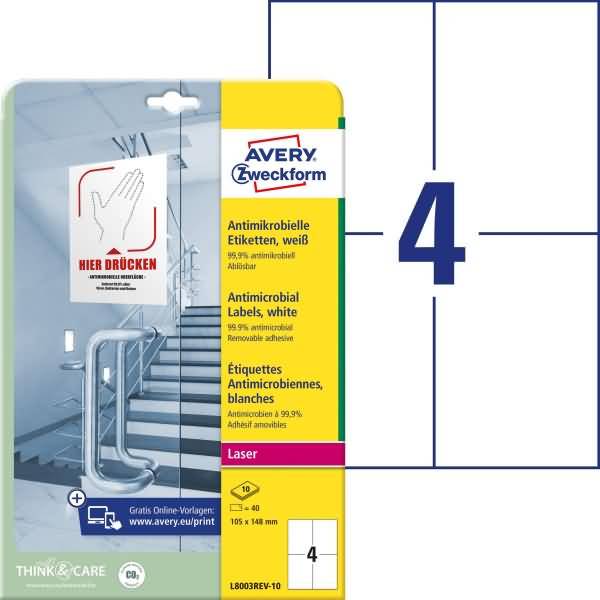 Etiketten antimikrobiell ablösbar A4 105x148mm 10 Bogen/40 Etiketten weiß