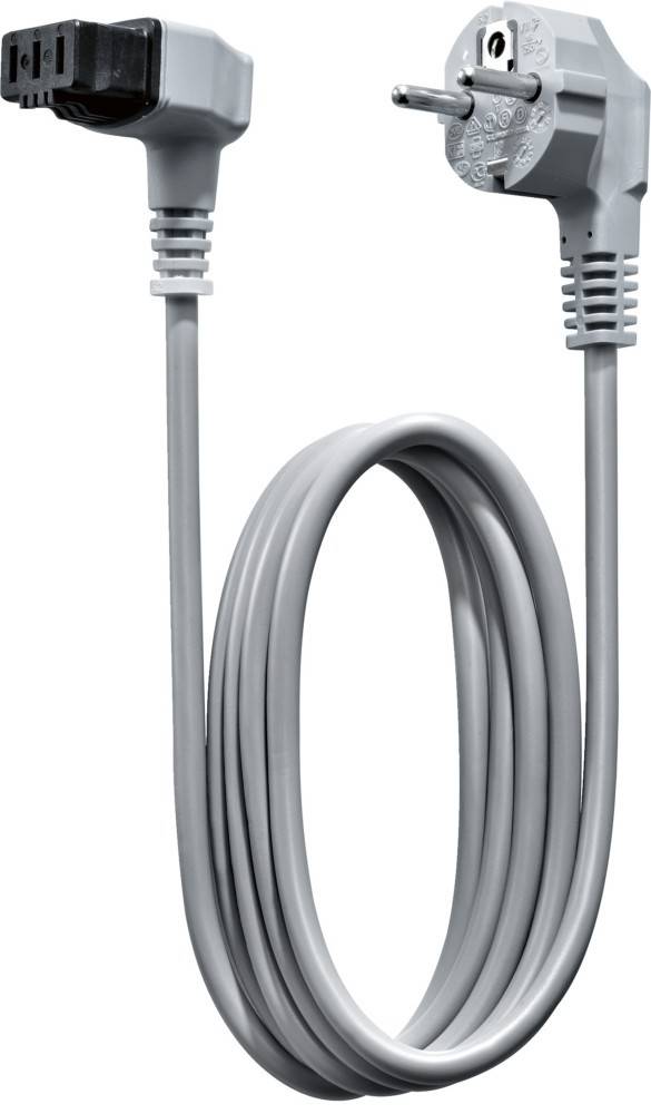 Graues Stromkabel mit europäischem Stecker auf einer Seite und IEC-Stecker auf der anderen Seite, aufgerollt vor weißem Hintergrund.