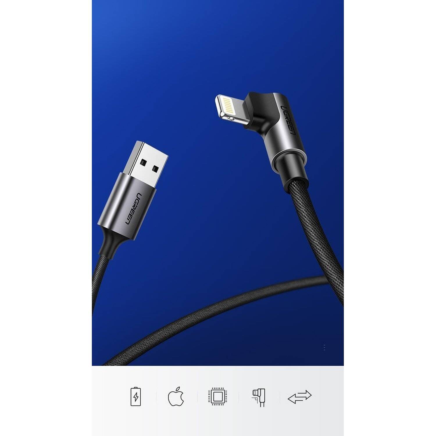 Ugreen 90 Grad 1M MFI 2,4A Ladekabel Winkel USB Kabel abgewinkelt Nylon geflochten Schnellladegerät für iPhone Modelle
