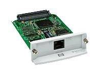HP-Netzwerkschnittstellenkarte mit einer weißen RJ-45-Ethernet-Port-Halterung, dargestellt auf einer Leiterplatte.