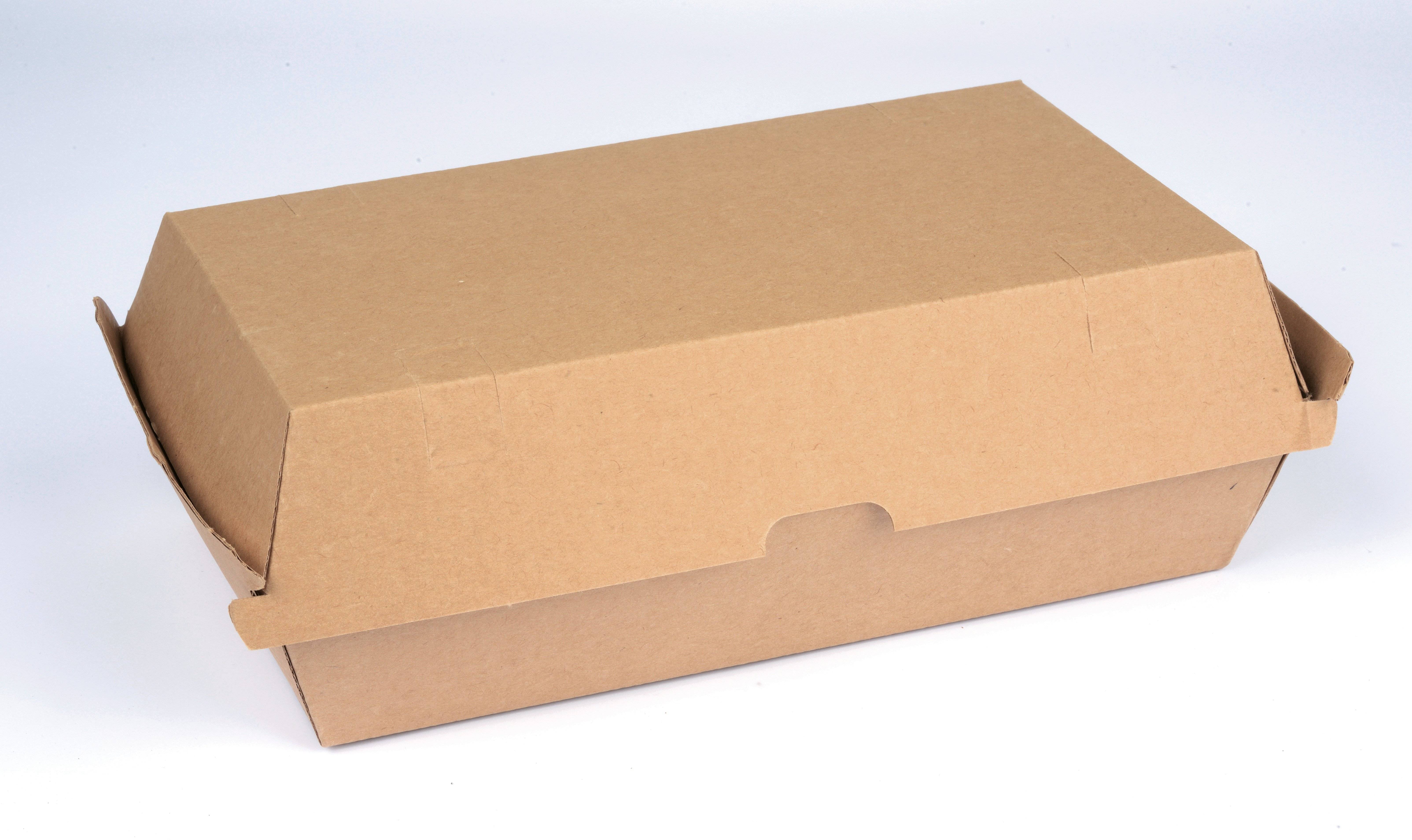 Take-away-Behälter aus Wellpappe, braun, große Snackbox  - Maße: 205 x 107 x 78 mm