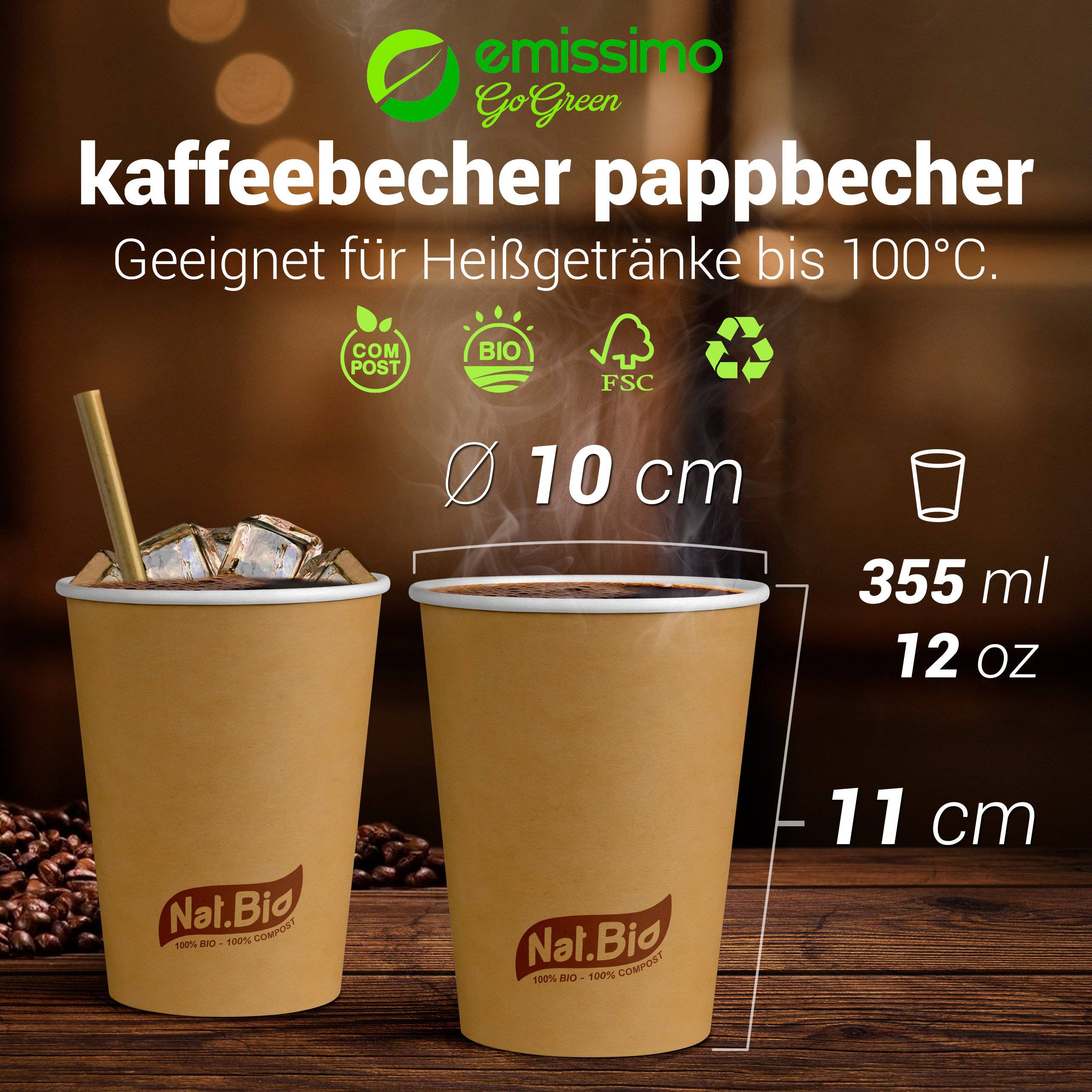 Pappbecher braun für heiße und kalte Getränke - kompostierbar - 355ml (12 oz) - 50 Stück