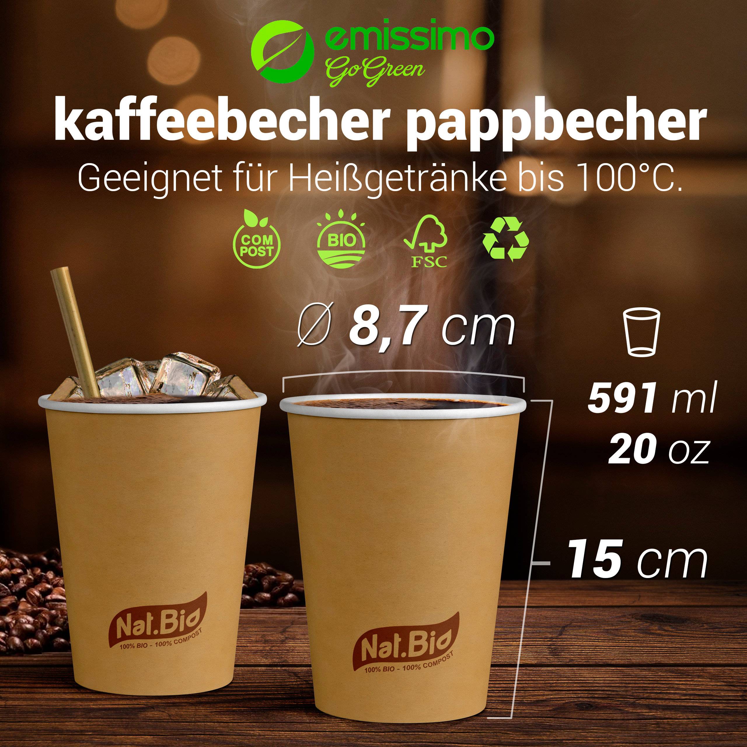 Pappbecher braun für heiße und kalte Getränke - kompostierbar - 591ml (20 oz) - 50 Stück