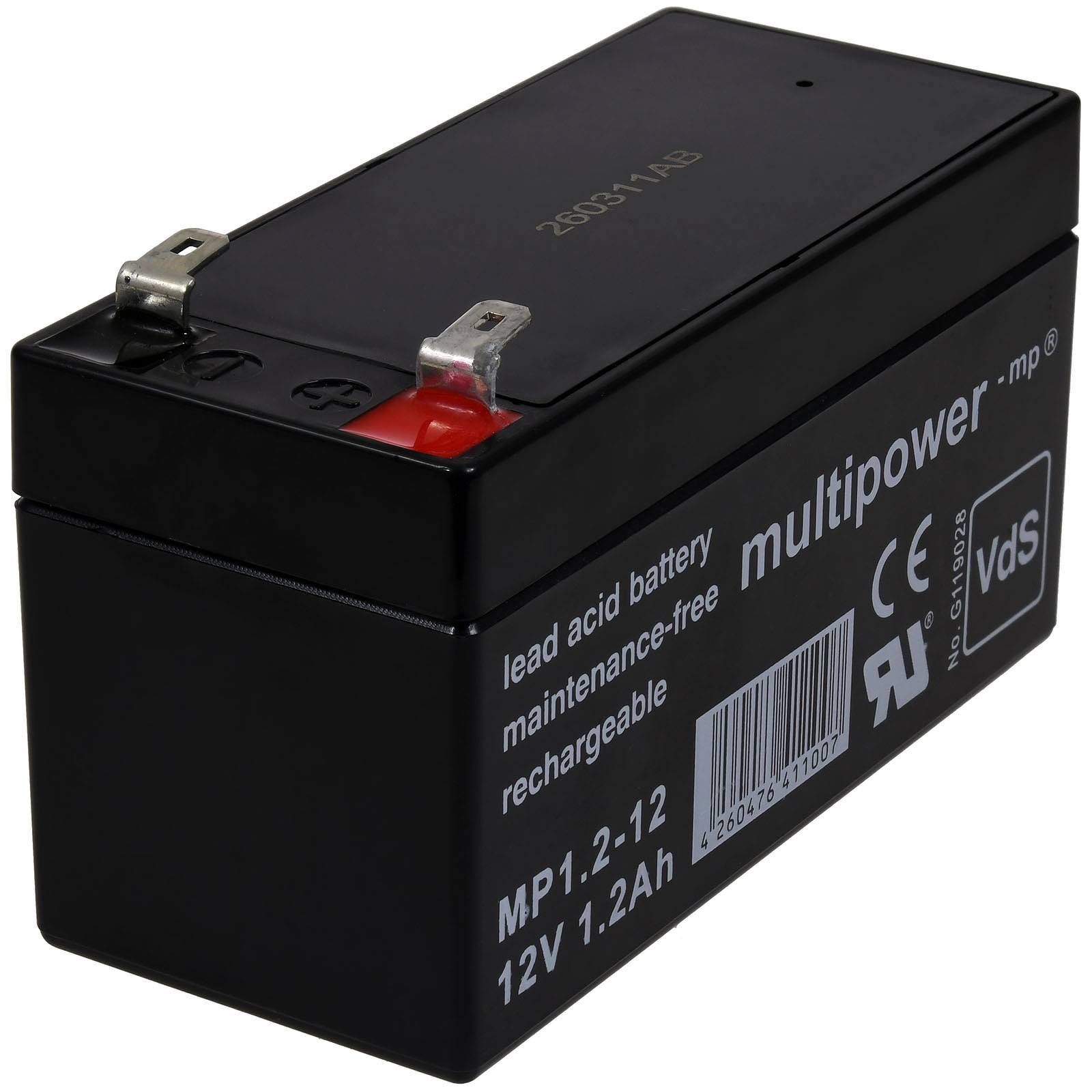 Schwarze rechteckige versiegelte Blei-Säure-Akku mit Metallklemmen und Etikett mit der Aufschrift 