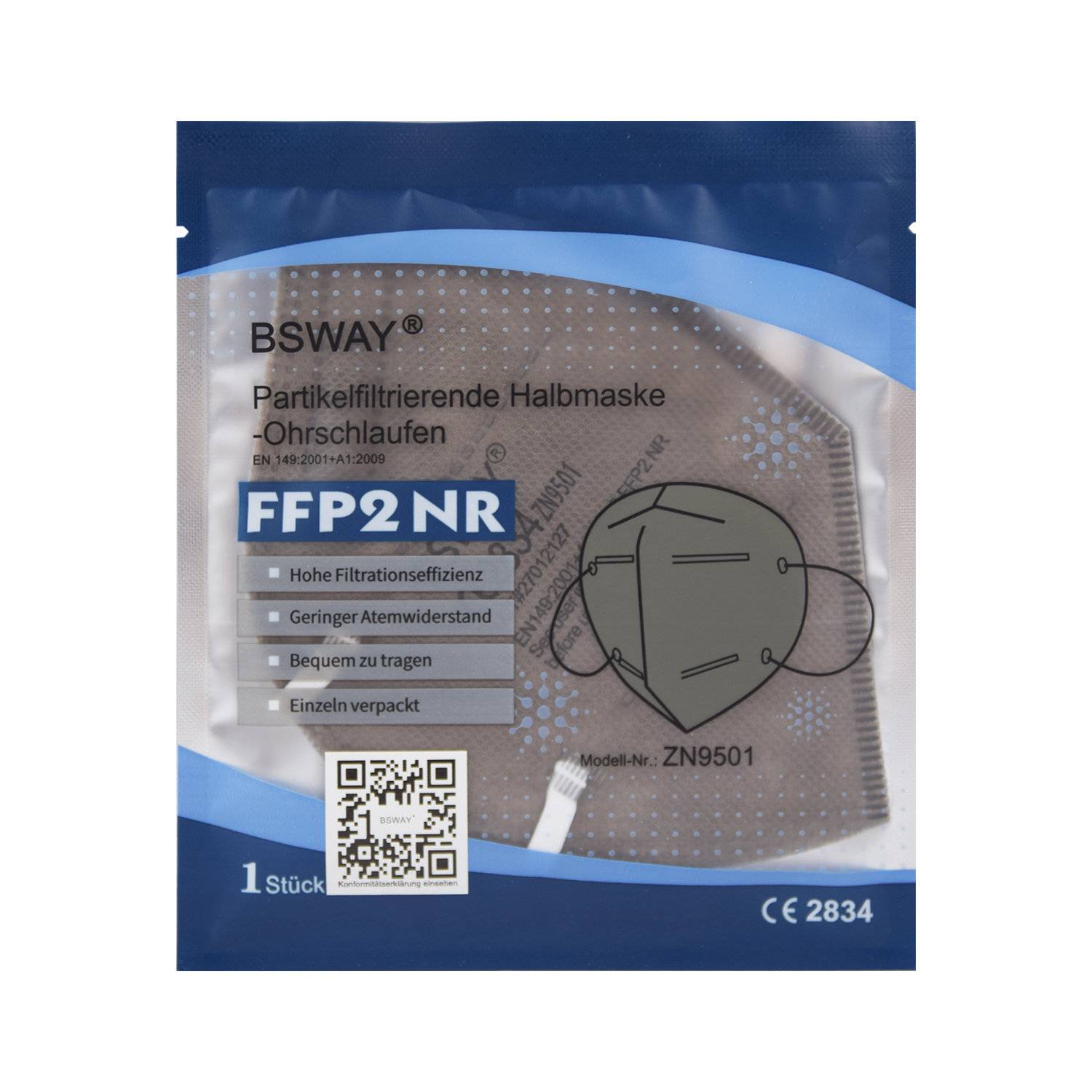 emissimo Atemschutzmaske BSWAY Grau, Klasse FFP2 ohne Ventil, EN 149 Faltmaske, einzeln verpackt